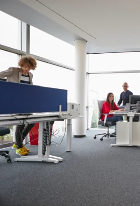Modern office space with team members working at desks