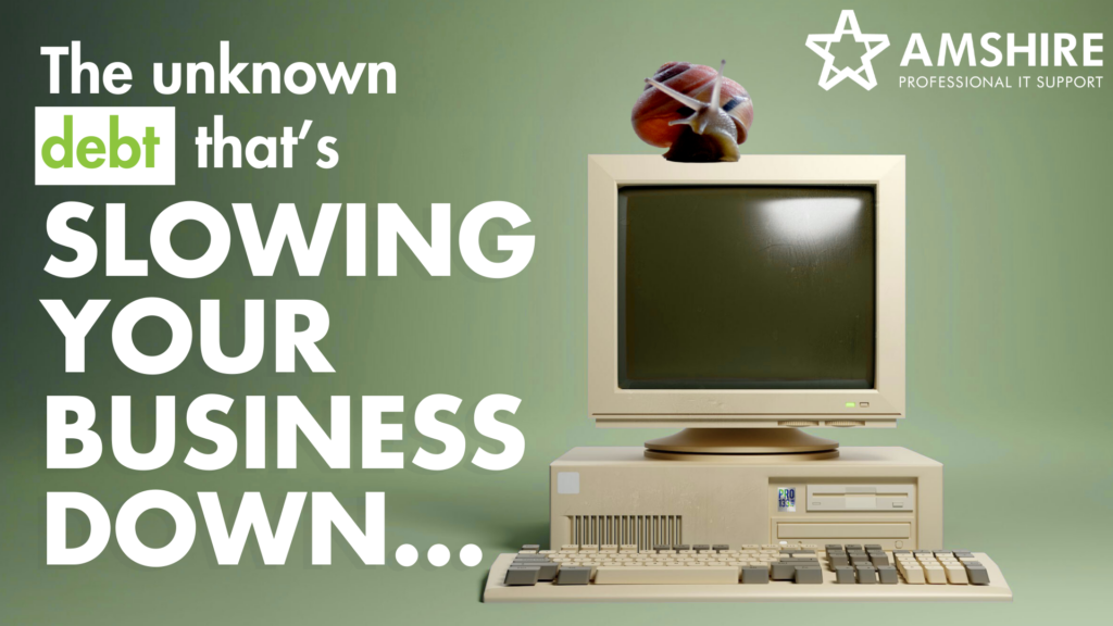 An 80s computer with a snail sat on top next to the caption "The Unknown Debt That's Slowing Your Business Down" - Technical Debt in Business