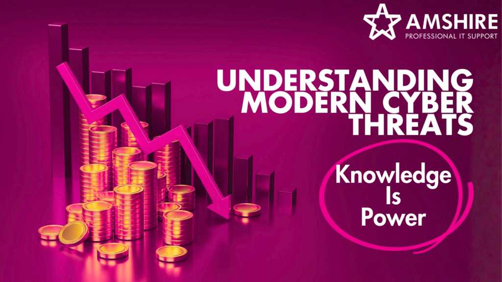 Stock pile of coin with an arrow showing the decrease next to the caption "Understanding Modern Cyber Threats, Knowledge Is Power"