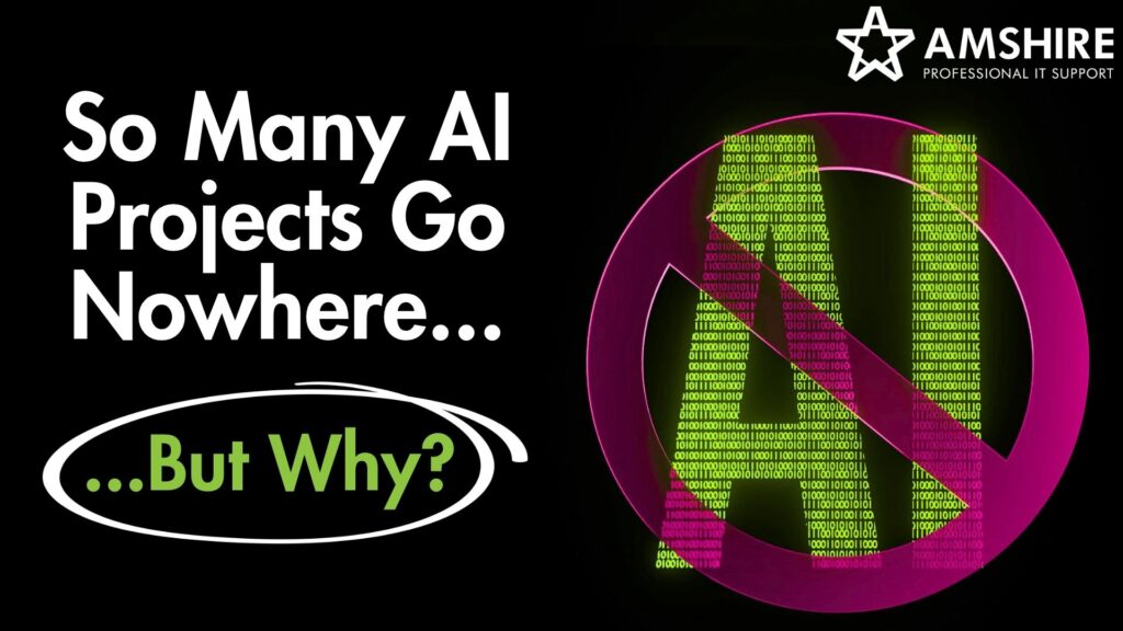 Graphic showing AI projects going nowhere with blocked AI symbol and question about why projects stall