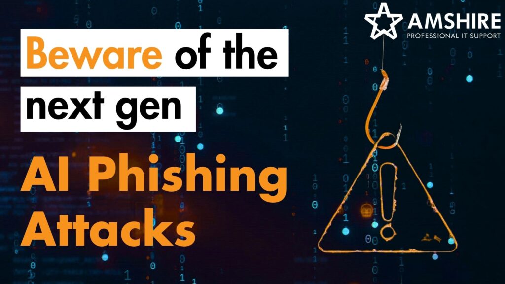 "Beware of the next gen AI phishing attacks" and a warning sign caught on a fishing hook.