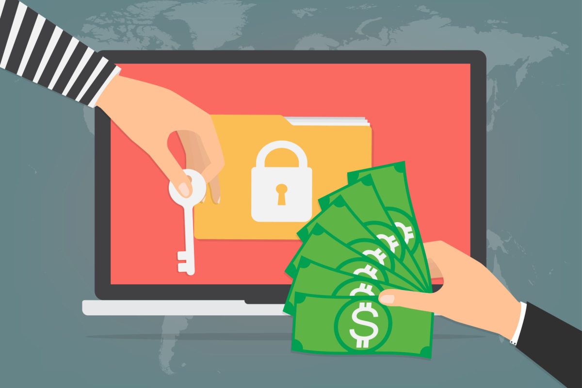 Businessman hand holding money banknote for paying the key from hacker for unlock folder got ransomware malware virus computer